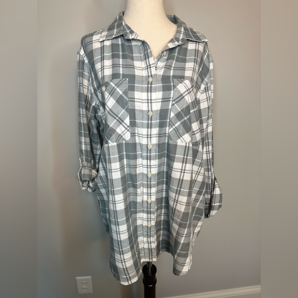 Sz L Lauren Ralph Lauren button front grey blue green check print light flannel